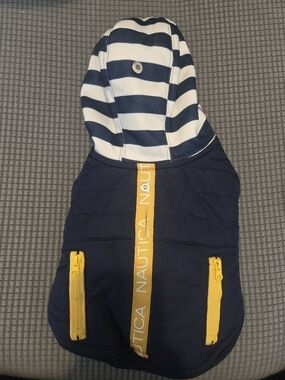 Nautica Navy & Yellow Striped Hooded Dog Jacket